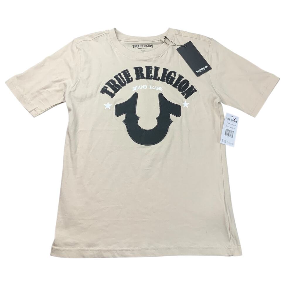 True Religion Boys Logo Graphic T-Shirt Tan Short Sleeve NWT Size M 10-12
